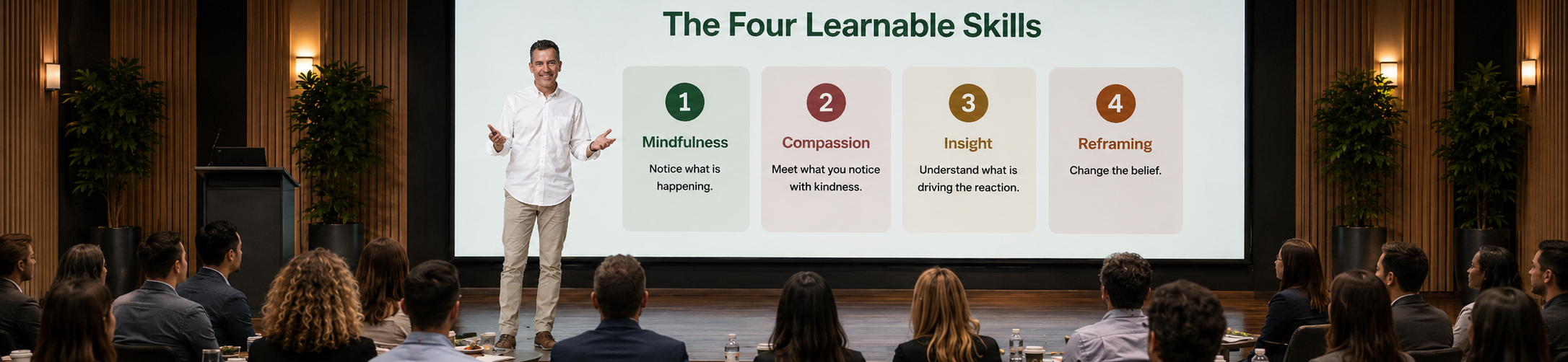 John Windisman leading a 4-Steps&trade; session for a room of professionals, with the four learnable skills shown on screen behind him