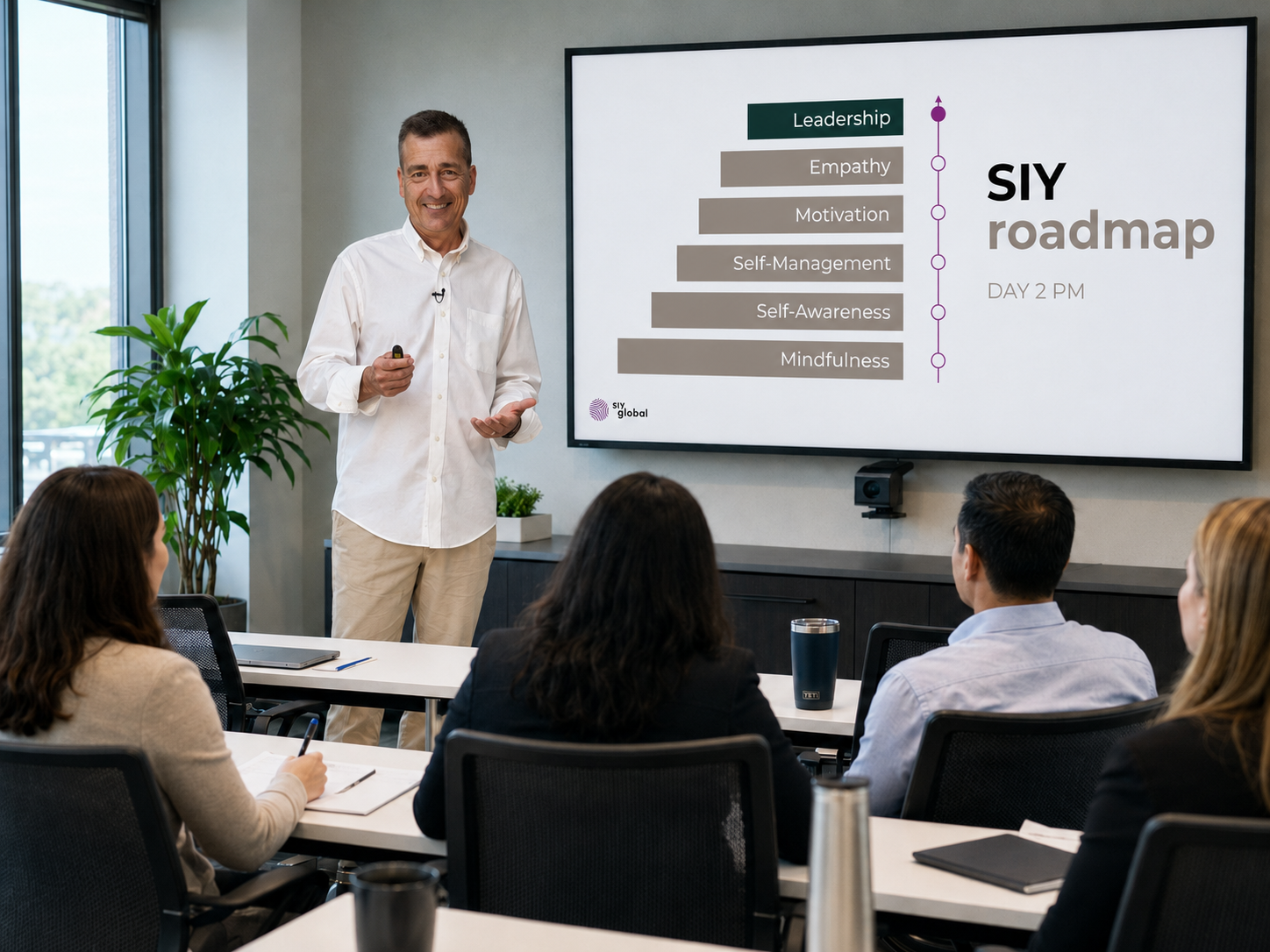 John Windisman teaching a Search Inside Yourself class, with the course content projected on screen behind him