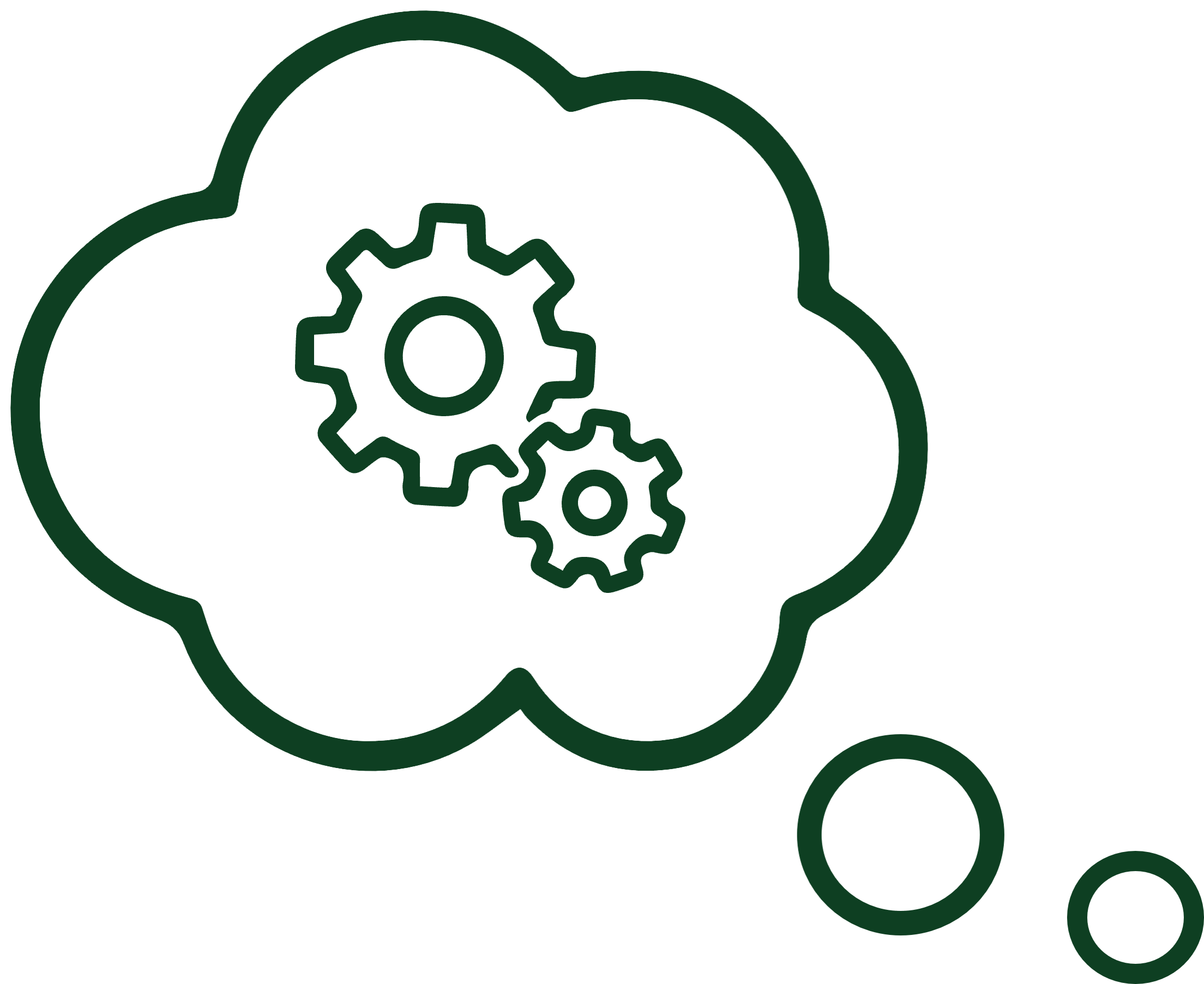 A thought bubble containing two interlocking gears, representing a belief being rebuilt