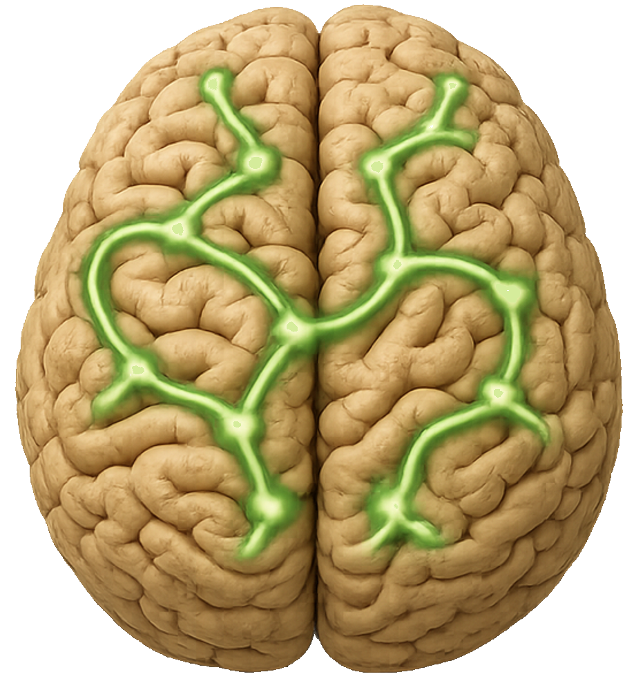 A brain viewed from above with a network of pathways lit in green, showing active neural connections