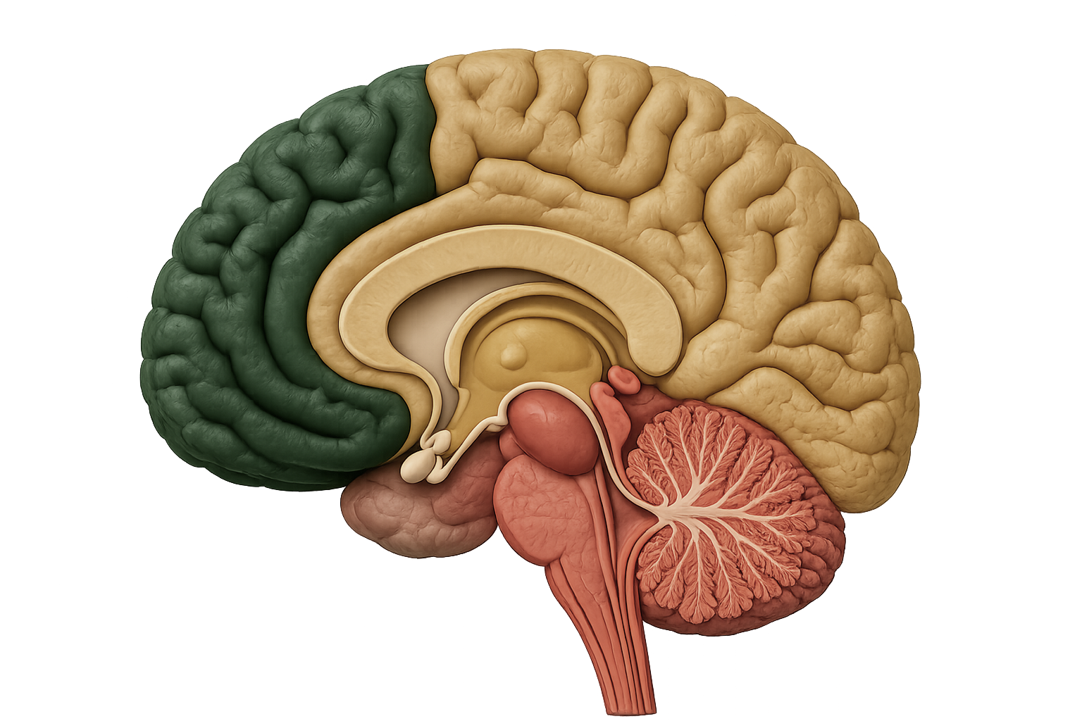 A side view of the brain with three color-coded regions: High Level (green, prefrontal cortex), Medium Level (gold, neocortex), and Low Level (terracotta, amygdala region)