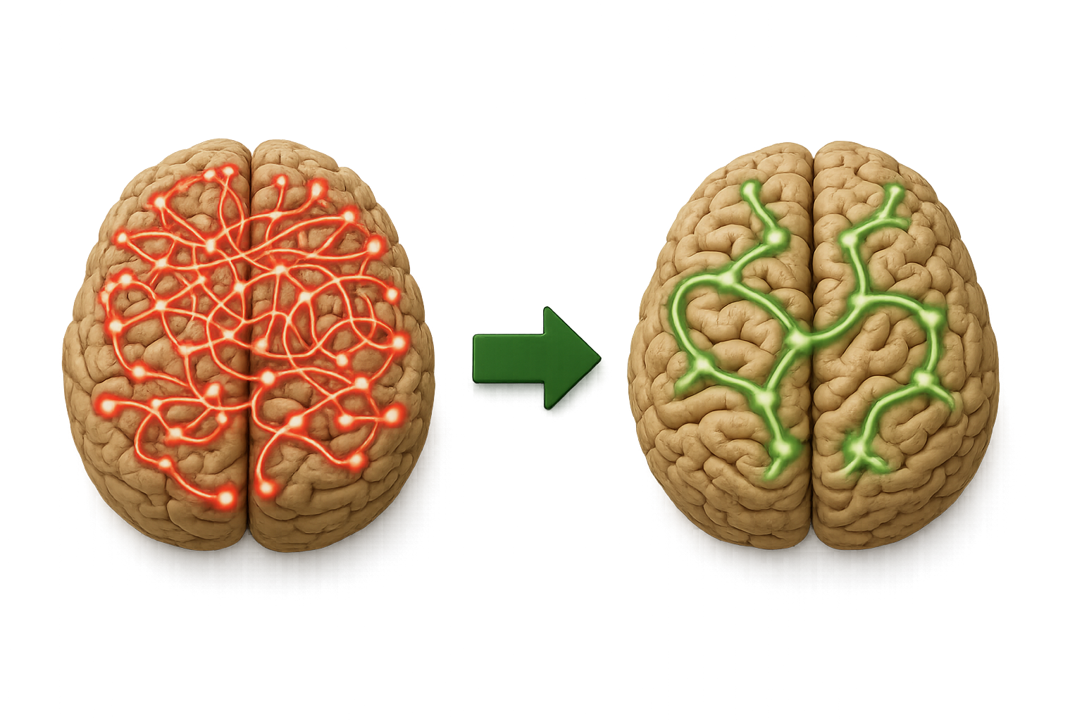 Two brains side by side: an old pathway lit in red, an arrow, and a new pathway lit in green, showing the brain rewiring itself