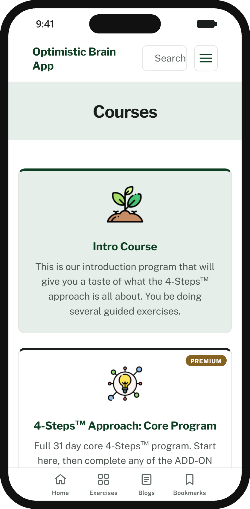 The Courses screen of the app on a phone