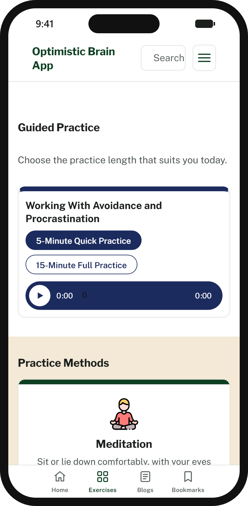 A guided exercise in the app on a phone