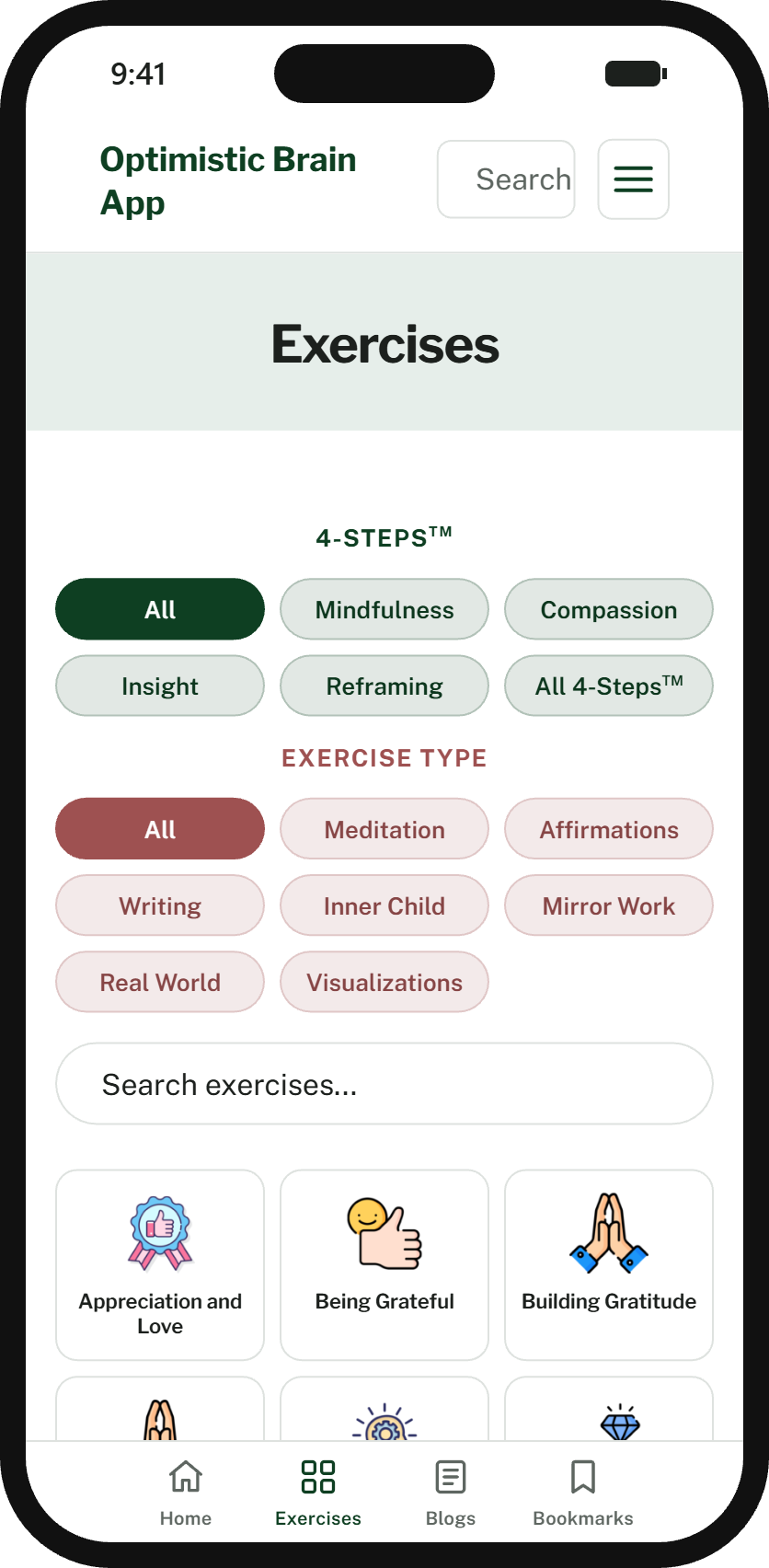 The Exercises screen of the app on a phone