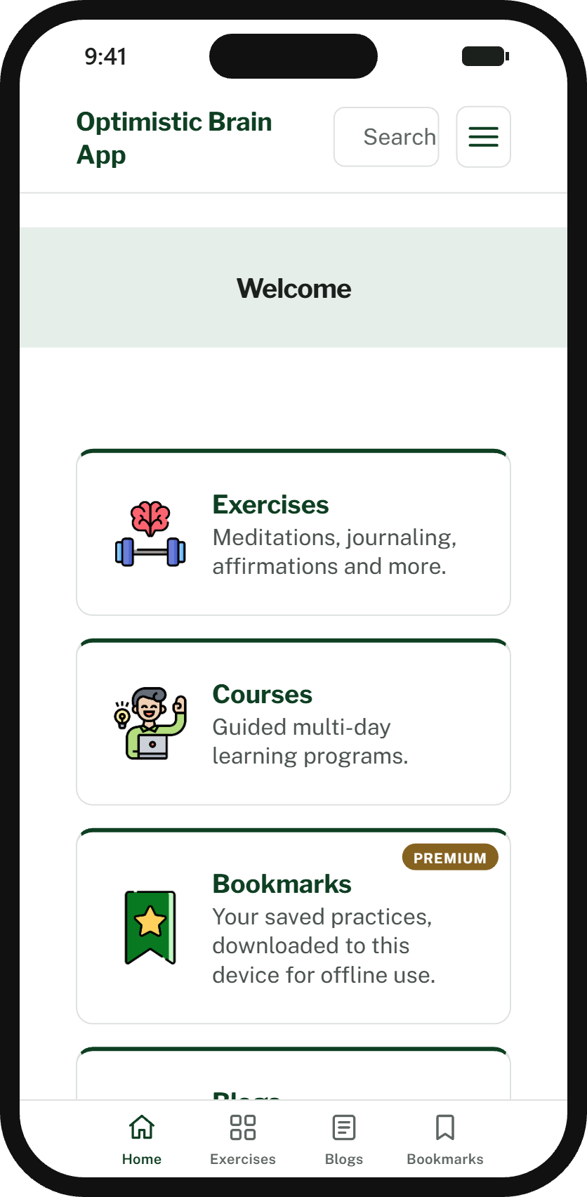 The Optimistic Brain App home screen on a phone, with cards for Exercises, Courses and Bookmarks