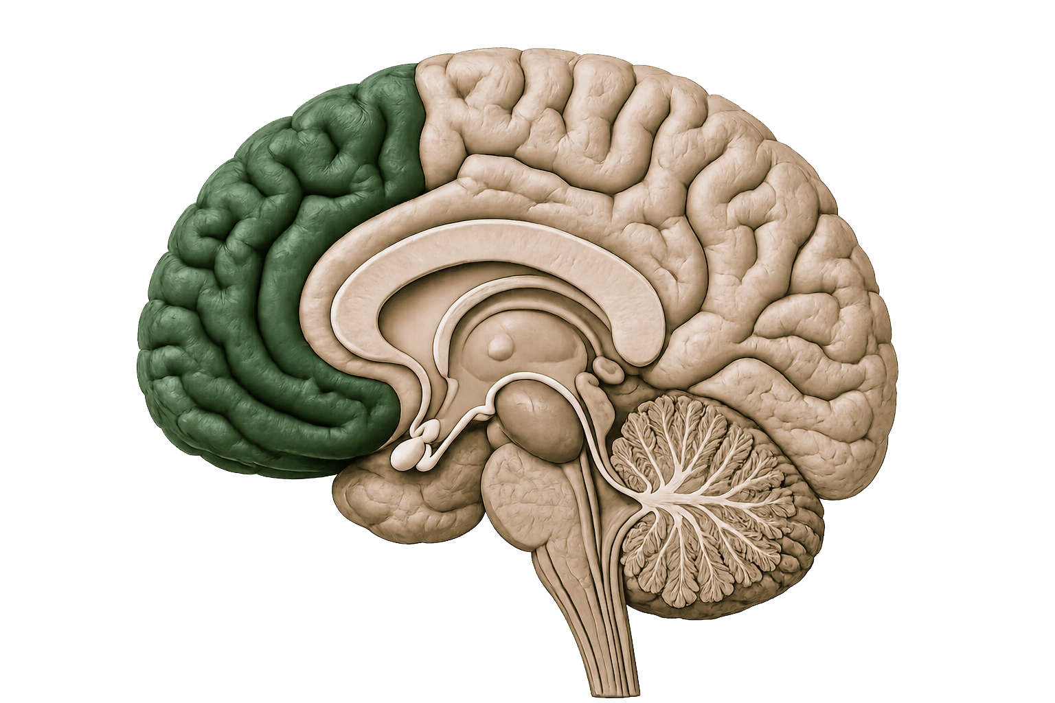 A cross-section of the brain with the prefrontal cortex highlighted in green, the brain's executive centre